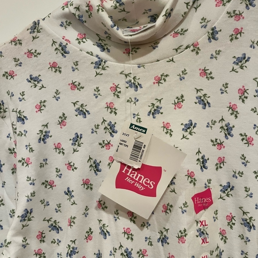 Floral Turtleneck Long Sleeve Top hanes her way xl vintage - Picture 3 of 5